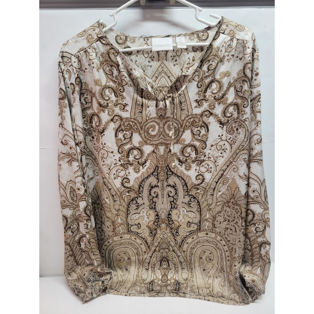 Chico's Paisley Print Tie Neck Blouse Long Sleeve Women's Size 2